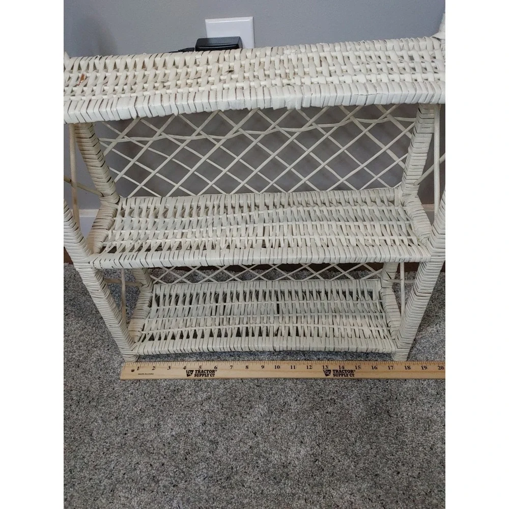 Vintage White Wicker Shelf MCM Cottagecore Hanging Rattan Three Tier Wall Shelf